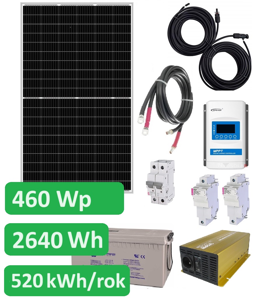 Ostrovní solární set Sunset 230V 50Hz 460Wp, 520kWh/rok, akumulátor GEL 2640Wh
