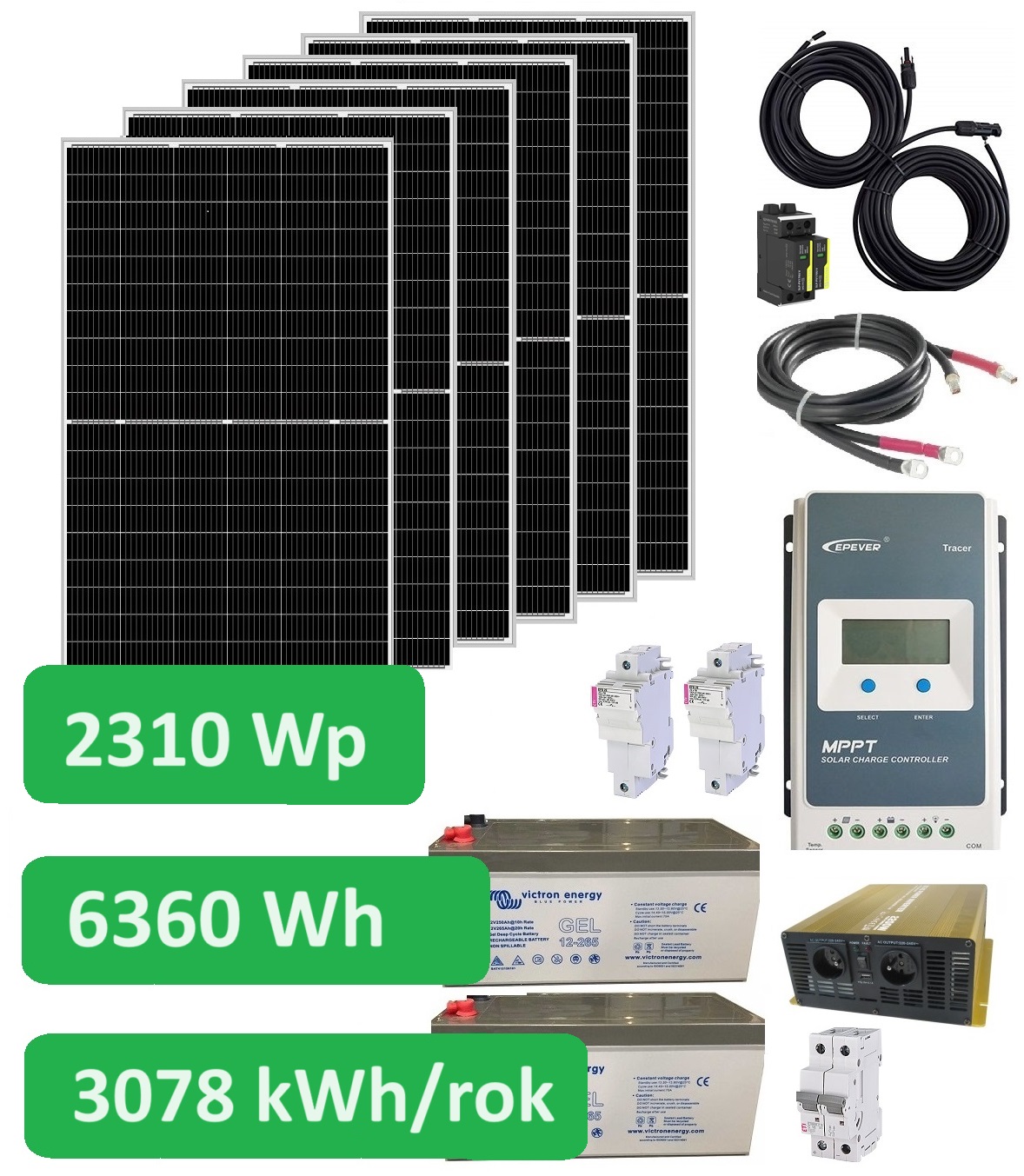 Ostrovní solární set 230V, 2310Wp/h, GEL baterie 6,360kWh, měnič 230VAC/2200W