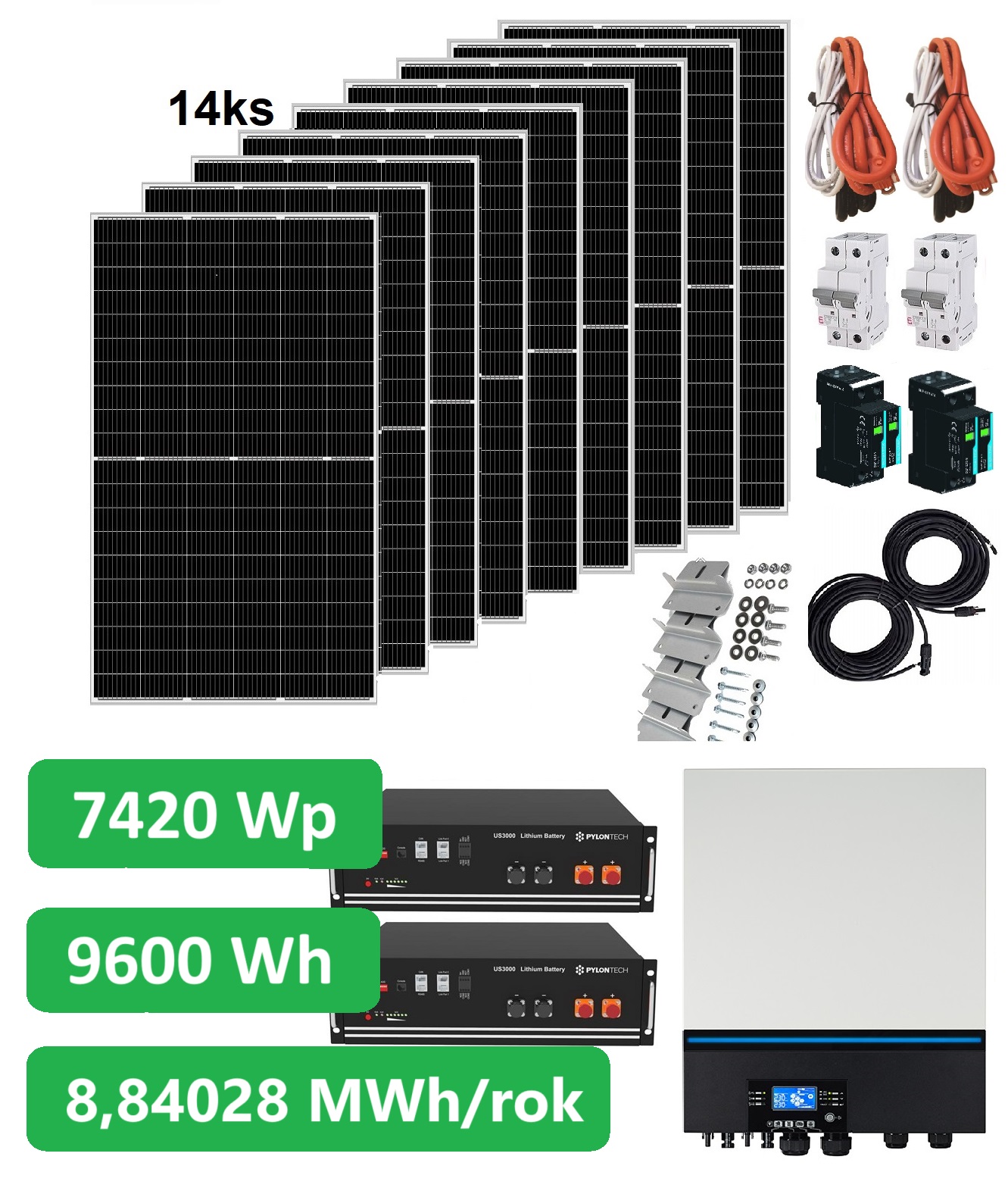 Solární set Kombi 7420 - 1f 230V 7420Wp/h Lithiová baterie 9,6kWh, měnič 8000W kombi MPPT s možností napojení sítě 230VAC nebo agregátu