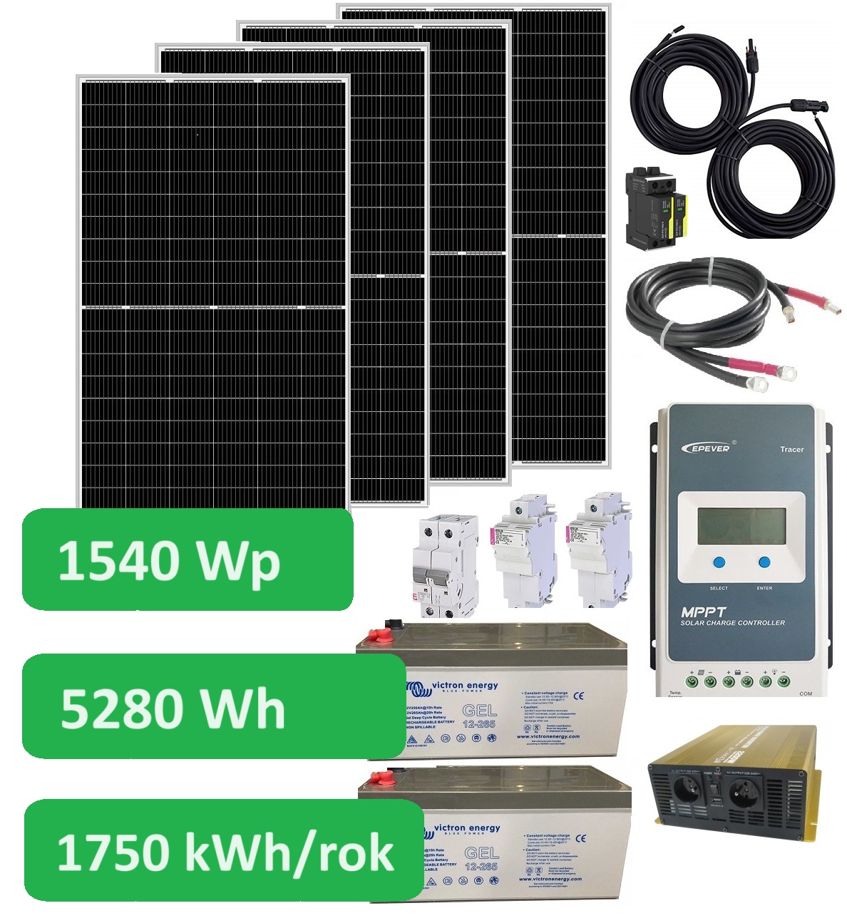 Ostrovní solární set Sunset 230V 50Hz 1540Wp, 1750kWh/rok, akumulátor 2x12V/220Ah 5280Wh, WiFi monitoring