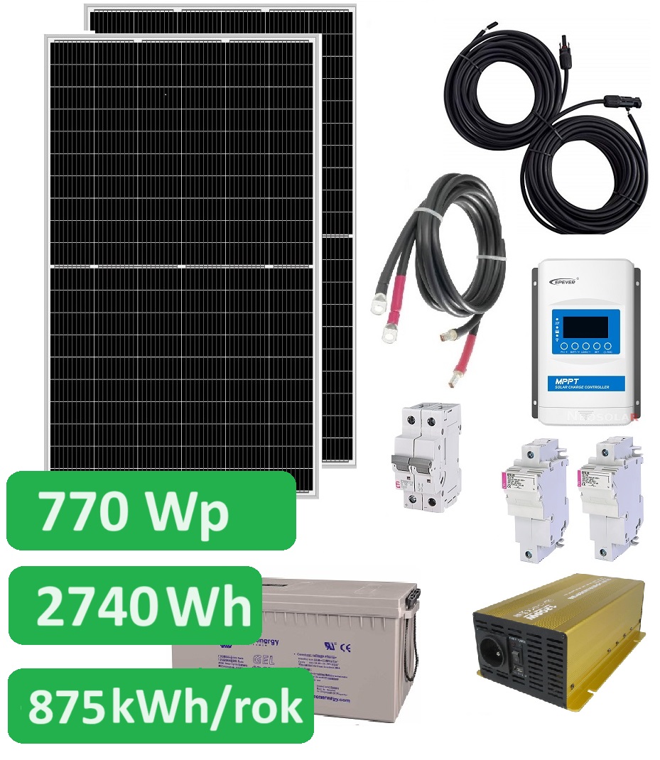 Ostrovní solární set Sunset 230V 50Hz 770Wp, 875 kWh/rok, akumulátor AGM 2760Wh