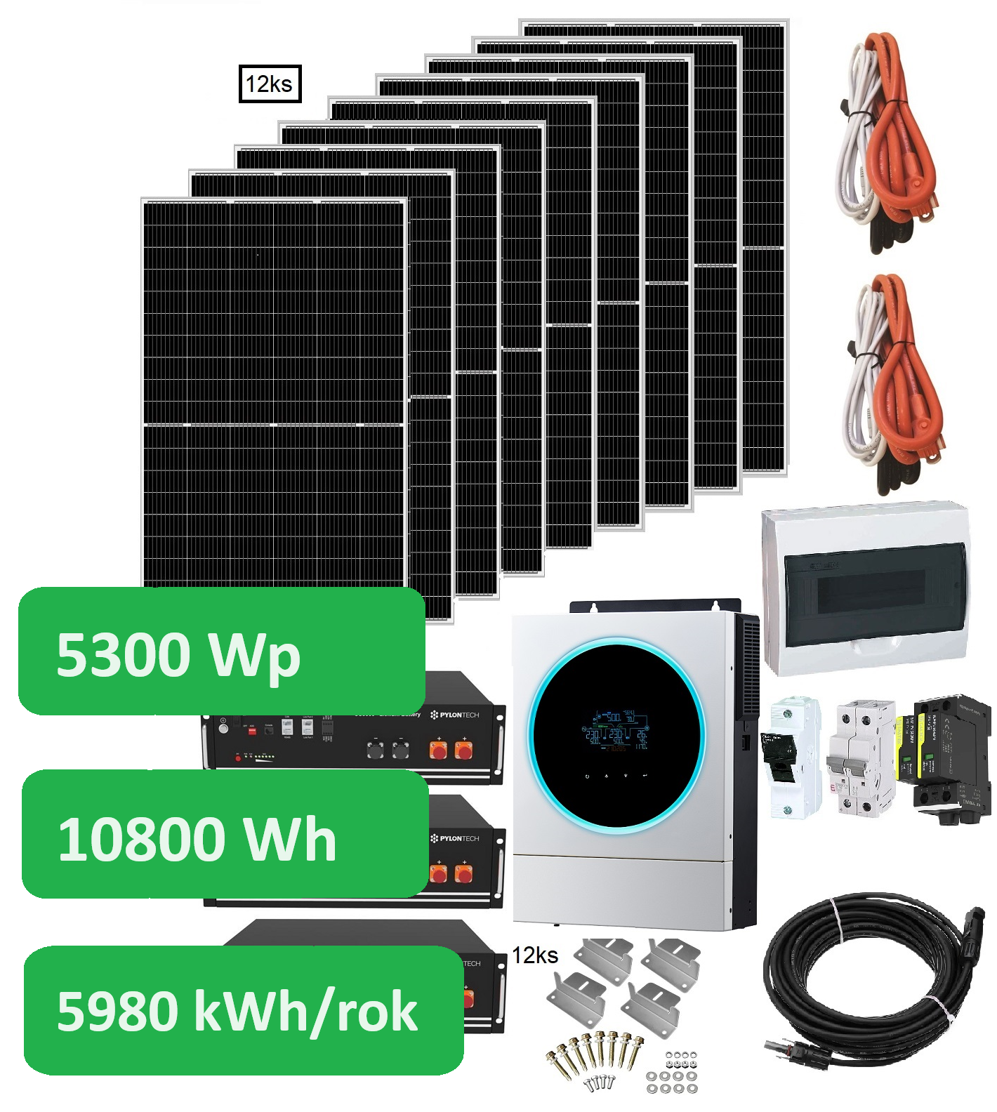 Solární set Sunset Kombi 230V 50Hz 5300Wp, 5980kWh/rok, akumulátor AGM 10800Wh s možností napojení sítě 230VAC nebo agregátu