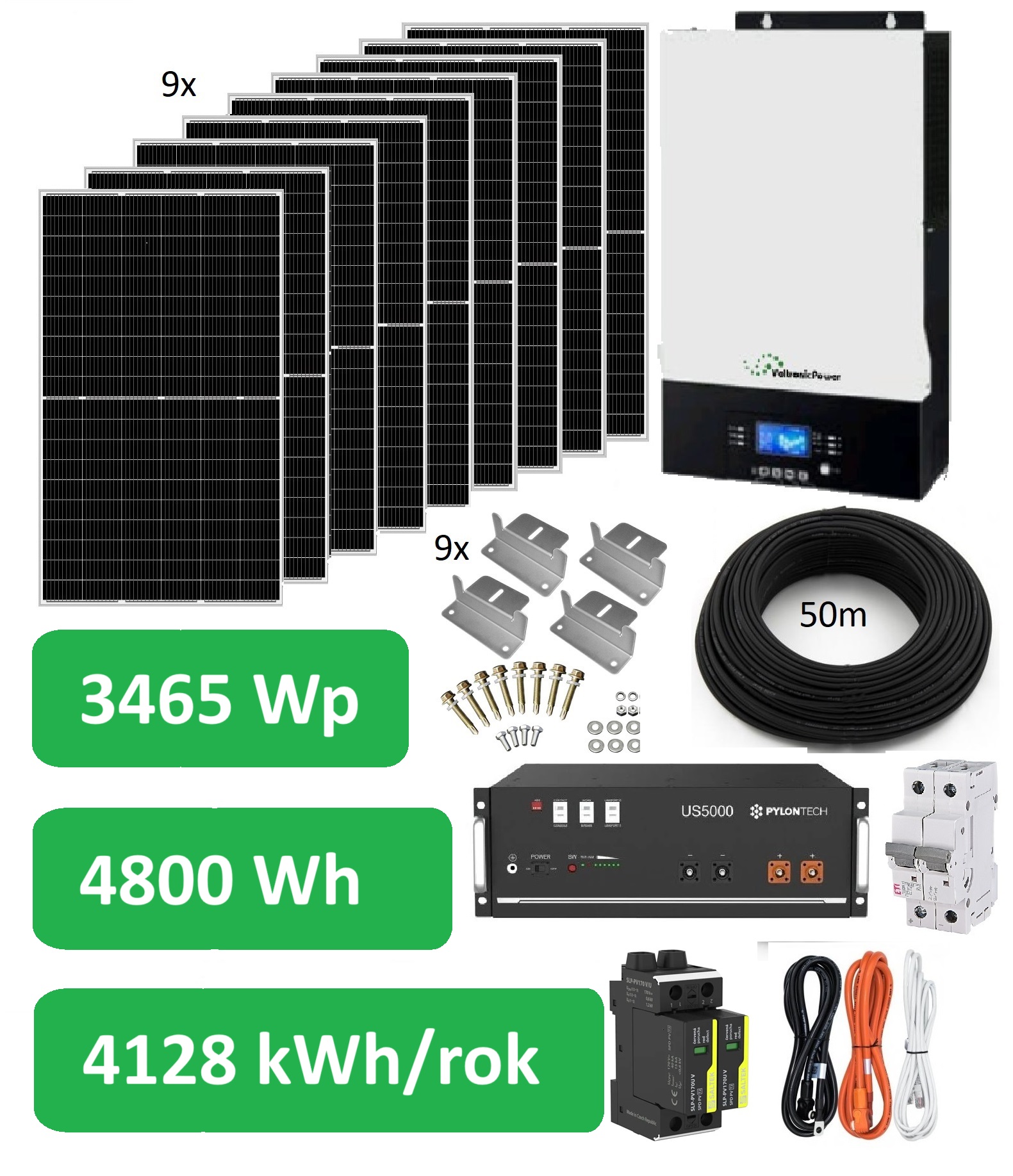 Bezpřetokový solární set Kombi 3465, 230V AC, panely 3465Wp, měnič kombi 5000W, Lithiová baterie 4,8kWh