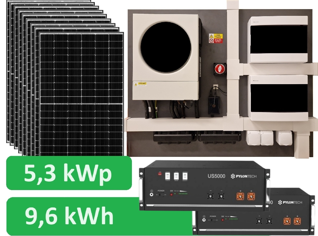 Předpřipravený solární set Komfort 5300 - 1fázový 230V 5300Wp/h Lithiová baterie 9,6kWh 5600W kombi MPPT s možností napojení sítě 230VAC nebo agregátu