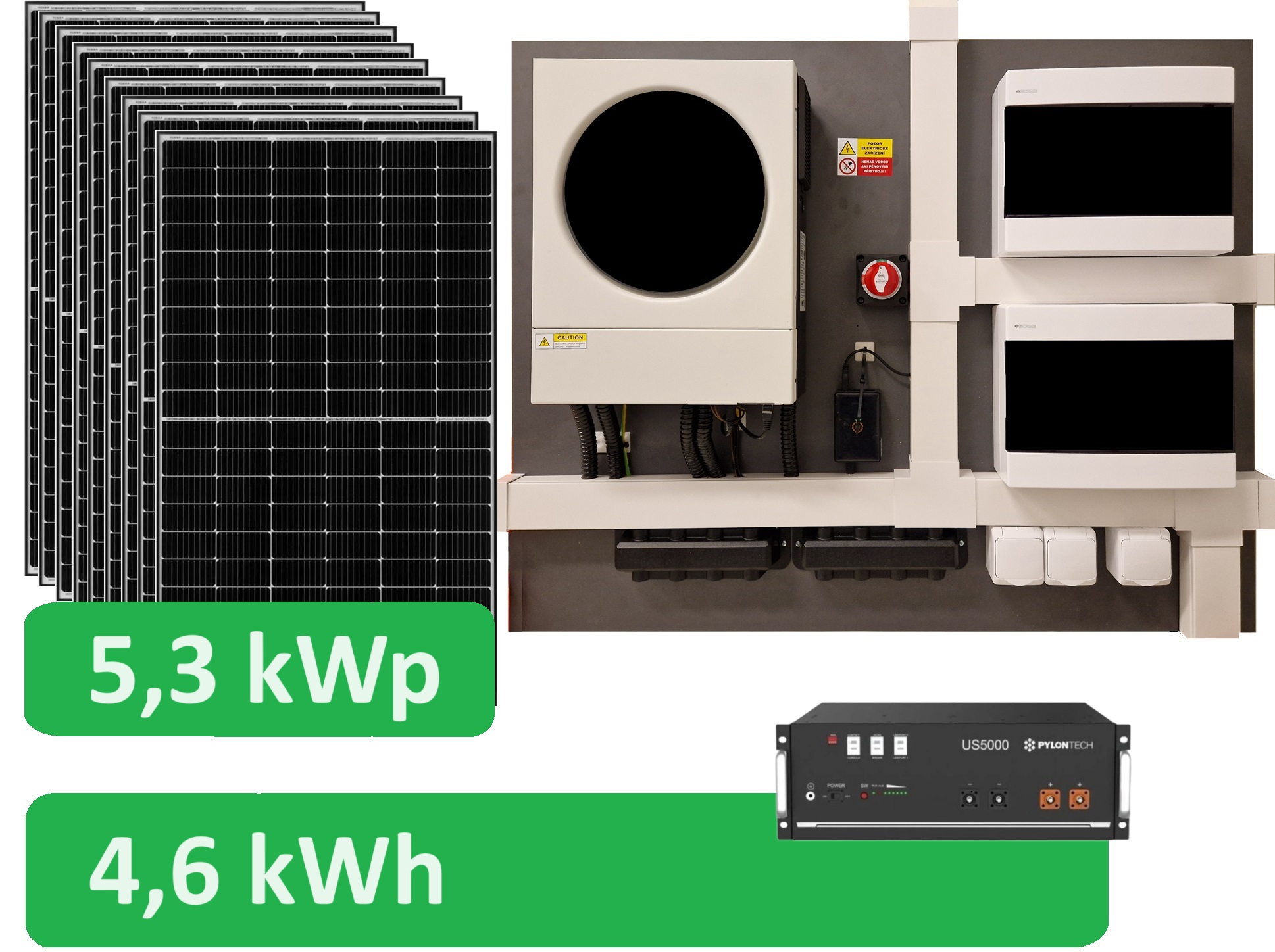 Předpřipravený solární set Komfort 5300 - 1fázový 230V 5300Wp/h Lithiová baterie 4,8kWh 5600W kombi MPPT s možností napojení sítě 230VAC nebo agregátu