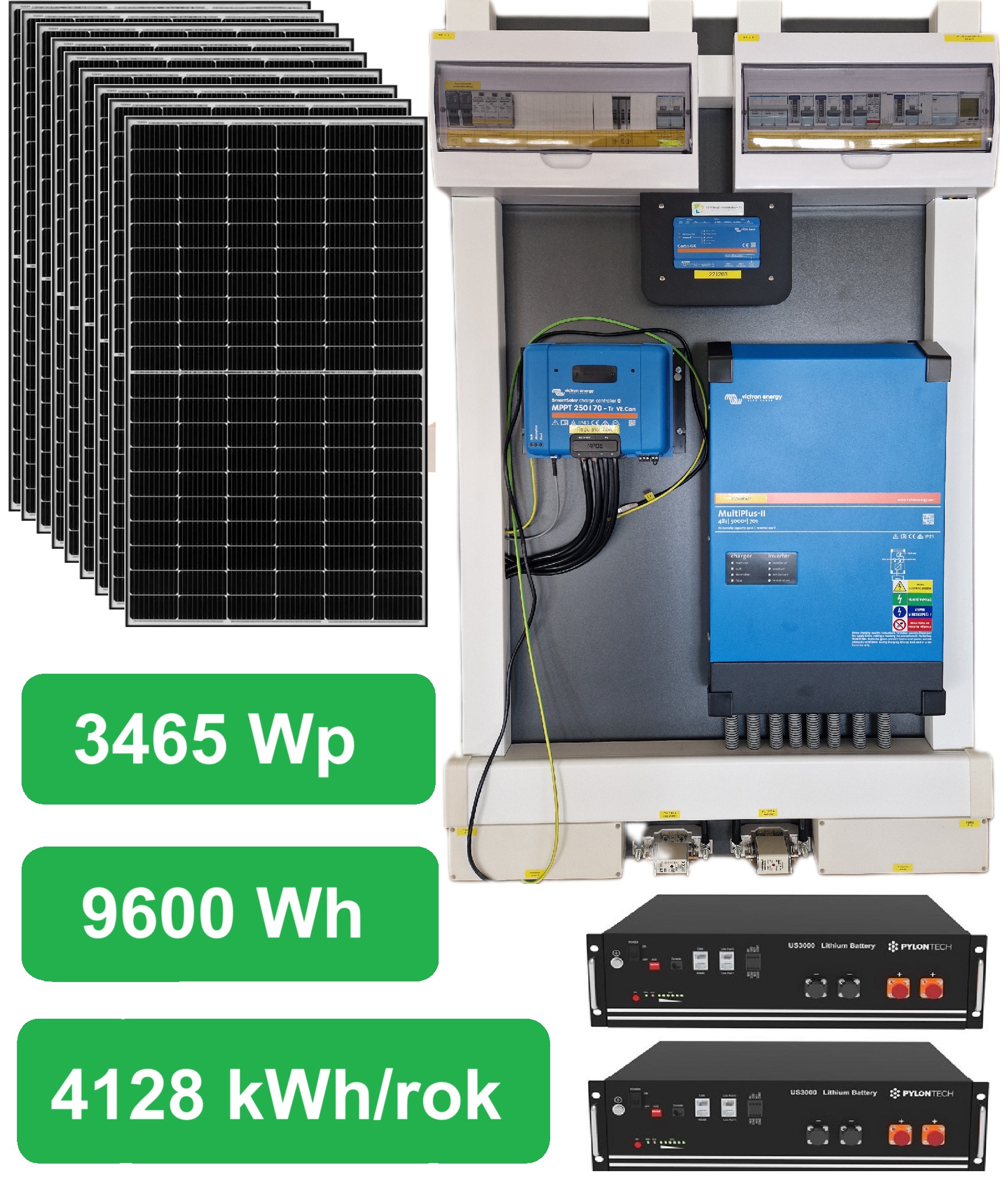 Předpřipravený 1 fázový hybridní solární set s výkonem solárního pole 3465Wp/h, 1x230V AC, Lithiová baterie 9,6kWh