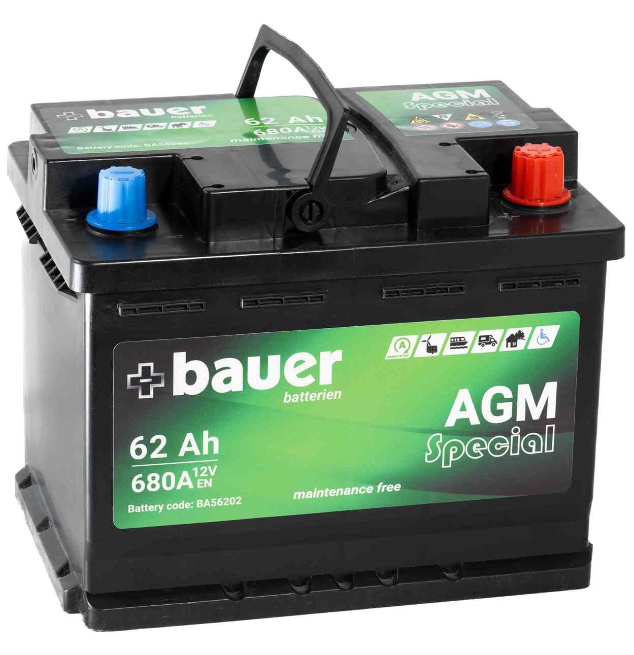 Autobaterie BAUER AGM 62Ah 12V 680A Start-Stop BA56202 242x175x190